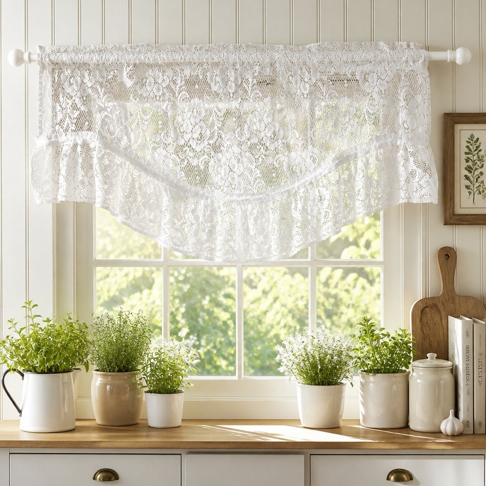 Vintage Lace Swag Valance Set Set of 2 38x19" White Floral Ruffle Trim Cottage